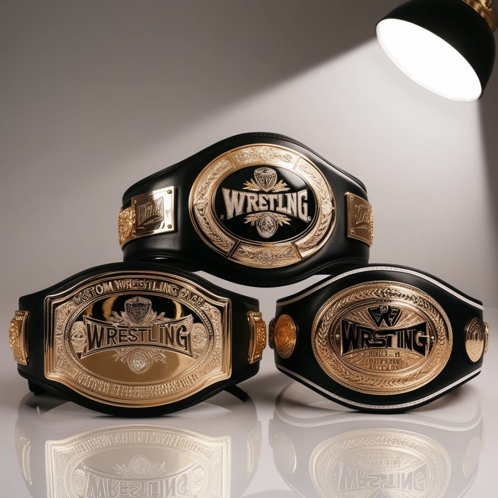 "Custom wrestling championship belt with gold detailing and black leather strap."