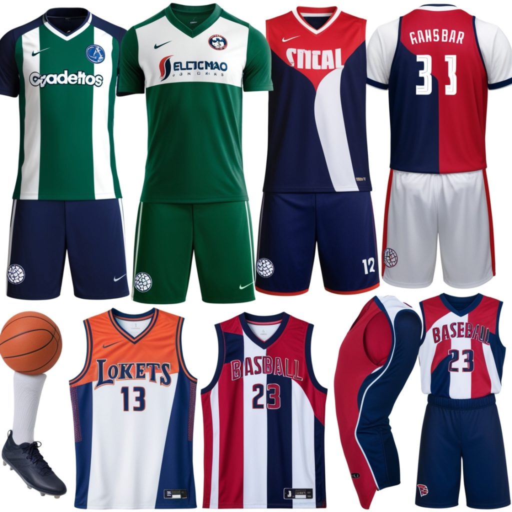 "High-performance sports uniforms for soccer, basketball, and baseball."