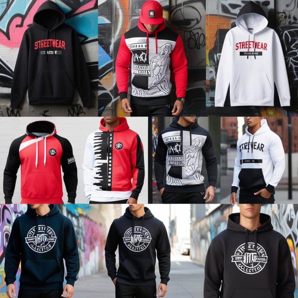 "Trendy streetwear collection with hoodies, t-shirts, and joggers."