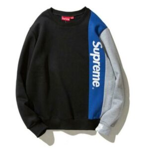 Custom Supreme-Inspired Colorblock Sweatshirt in Black, Blue, and Grey – Manufactured by YarnEnterprises for New Clothing Brands