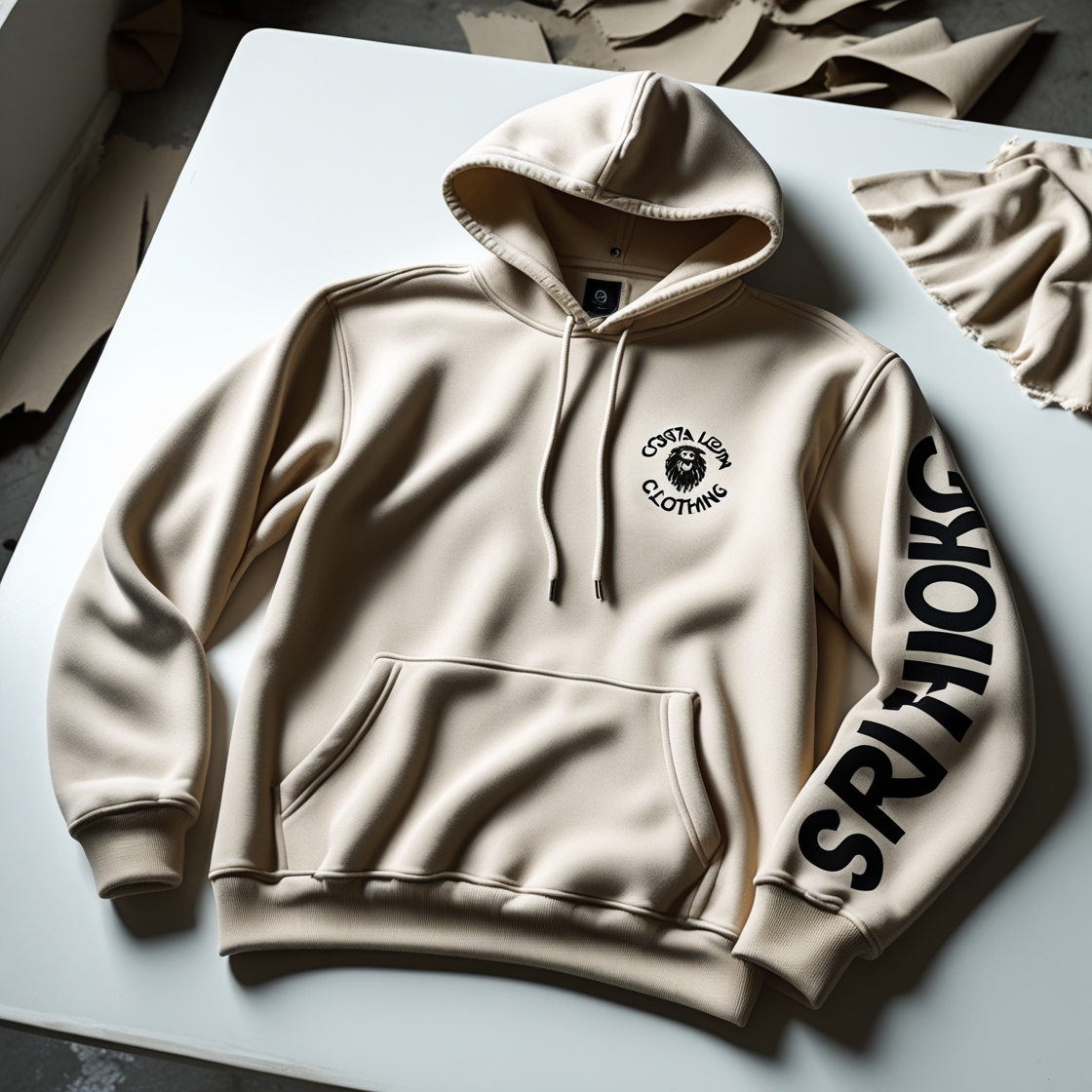 Beige Costa Leon surf hoodie with kangaroo pocket and printed sleeve text