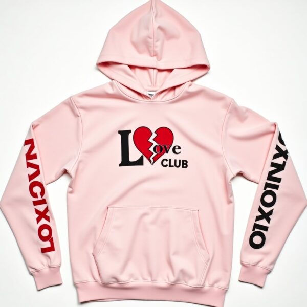 Pink hoodie with Love Club broken heart design and XOXO print on hood.
