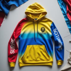 Multicolor Costa Leon surf hoodie with yellow, red, and blue gradient and lion logo